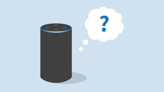 Illustration of Amazon Alexa with a question mark inside of a thought bubble