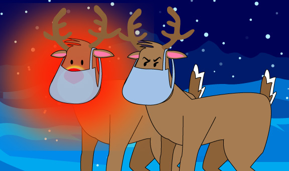 Two reindeers with masks on a snowy night