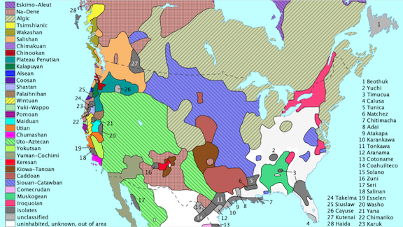 Map of Northamerica showing different indigenous languages by location